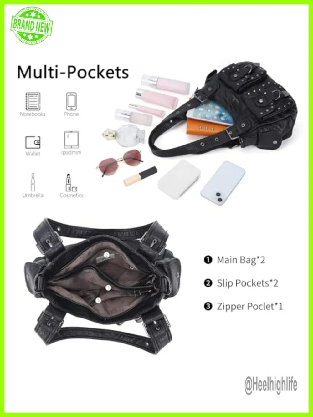 Vegan Leather Hobo Bag Multi Pocket Studded Shoulder Tote Y2K